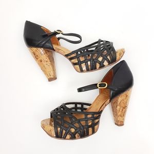 Bronx Black Strappy Leather Open Toe Cork Heels Size 5.5